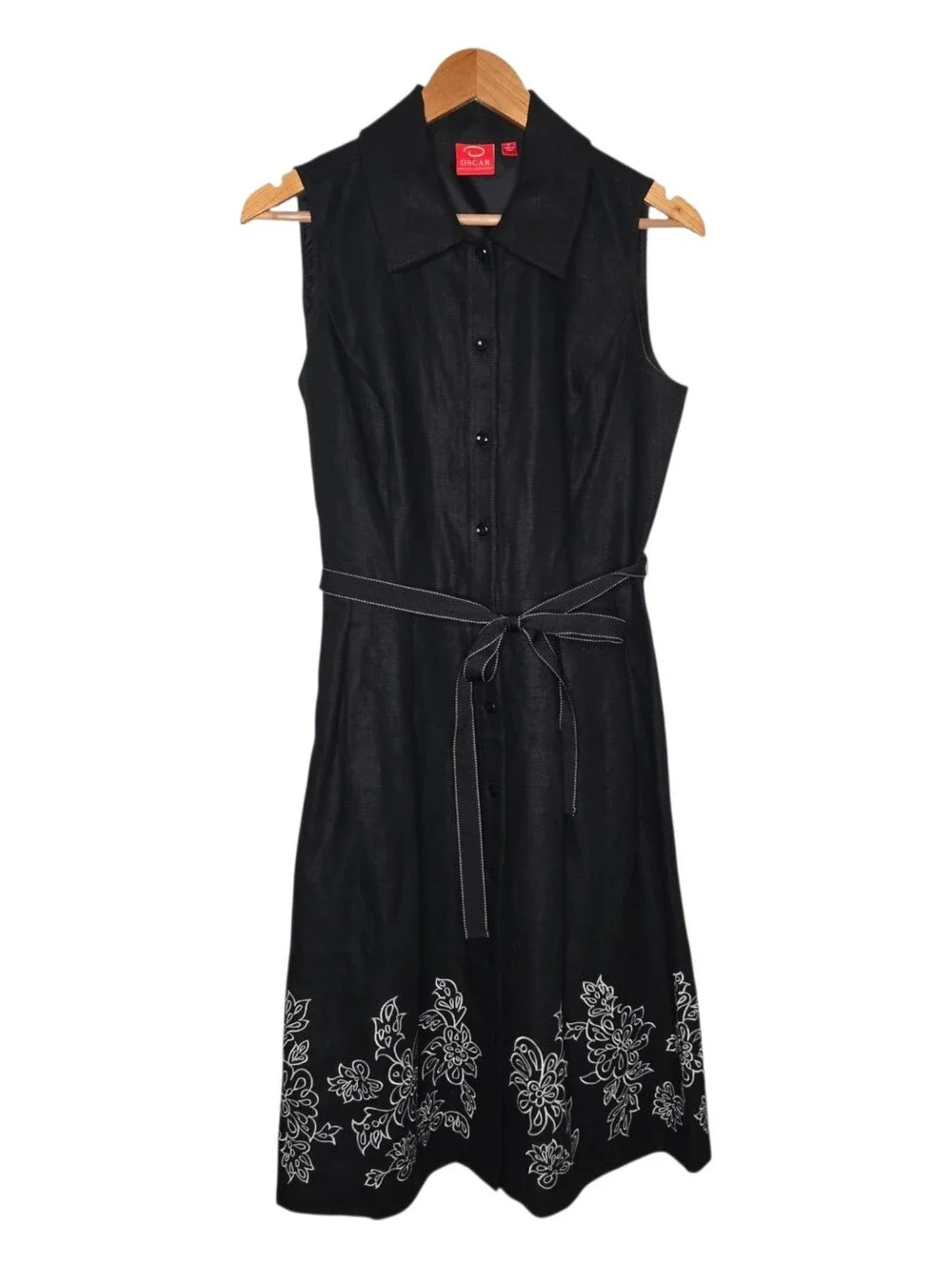 Oscar De La Renta Womens Black Floral Embroidered Linen Midi Shirt Dress 8